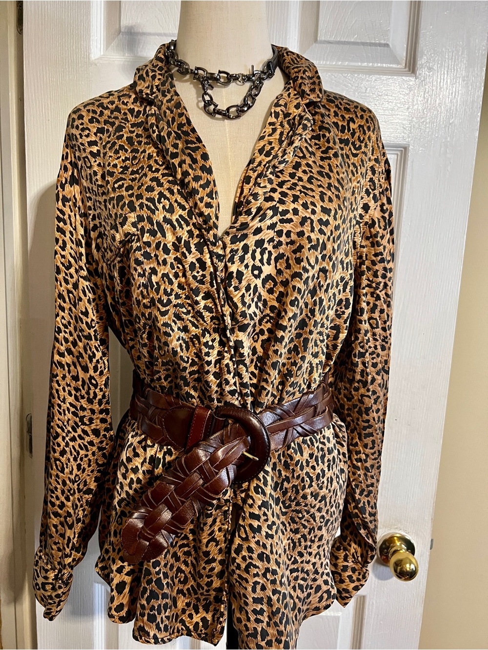 Vintage Brown Leather Woven Braided Wide Chunky Boho Belt M